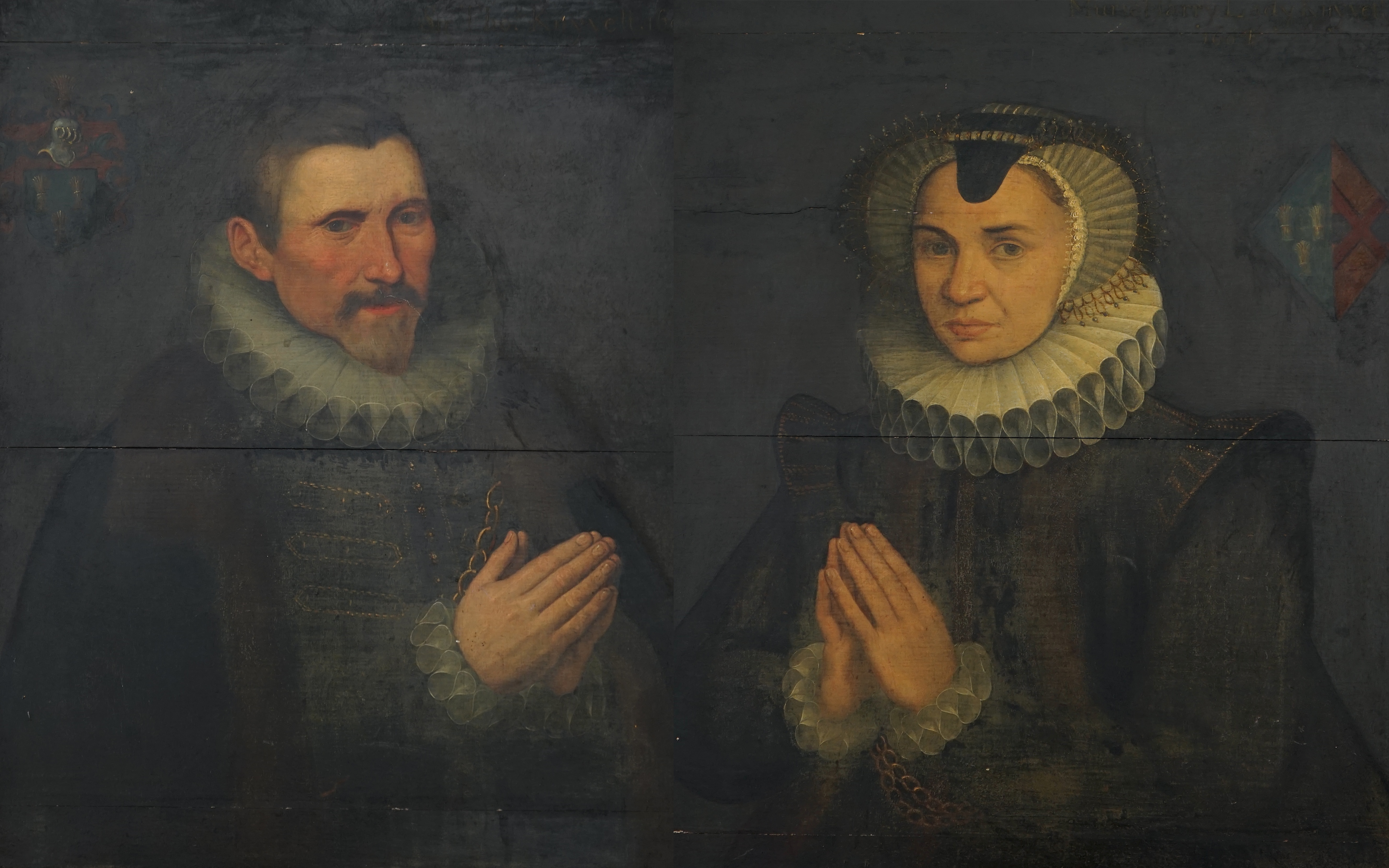 Anglo Dutch School, 17th century, after Daniel Mytens (1590-1647), Half length portraits of Sir Thomas Kynvet (c.1539-1617) and his wife, Muriel Parry, Lady Kynvet, oils on board, a pair, 63 x 51cm